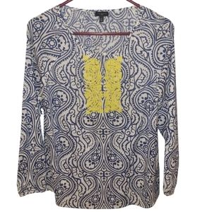 Talbots navy and white printed tunic with yellow beading